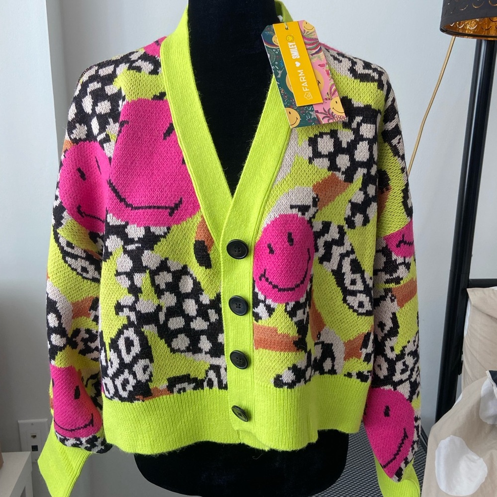 Farm Rio Tucanissimo Smiley Cardigan SIZE L NWT